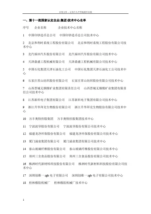 一第十一批国家认定企业集团技术中心名单