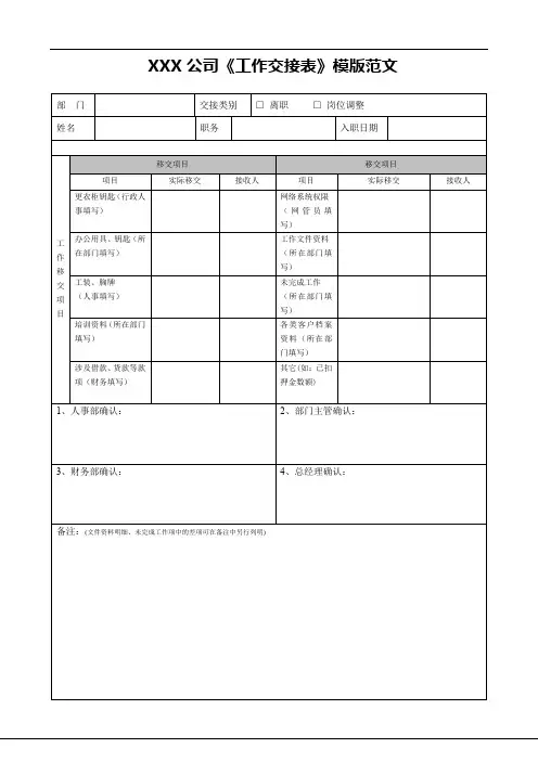 XXX公司《工作交接表》模版范文