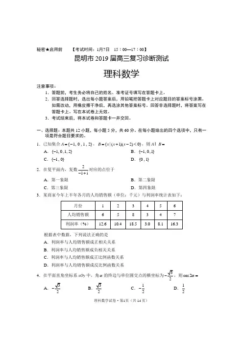 昆明市2019届高三复习诊断测试理数试卷
