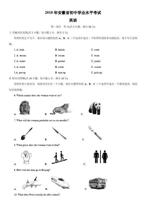 2018年安徽省中考英语试卷及答案