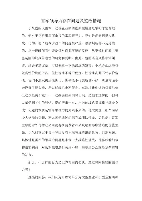 雷军领导力存在问题及整改措施