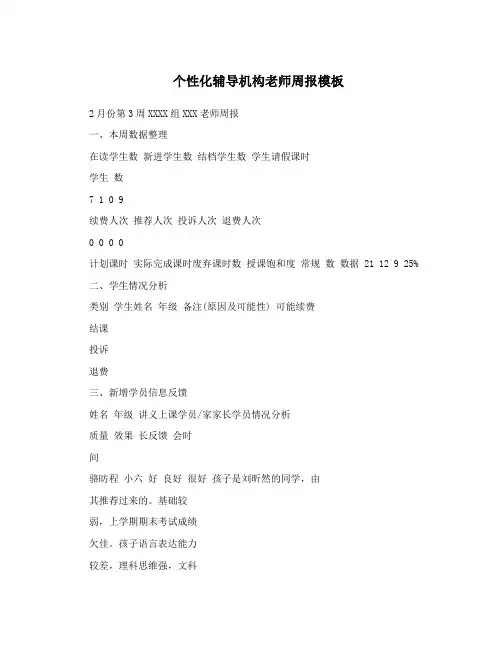个性化辅导机构老师周报模板