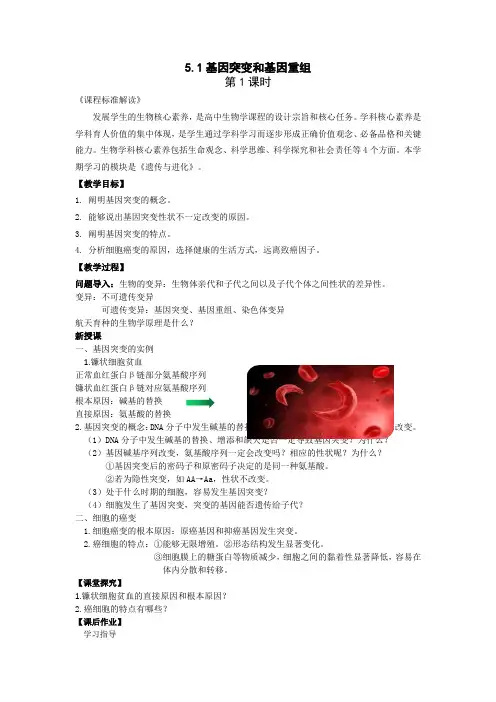 5.1基因突变和基因重组教案高一下学期生物人教版必修2