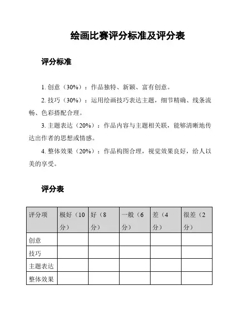 绘画比赛评分标准及评分表