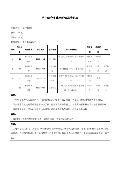 学生综合实践活动情况登记表