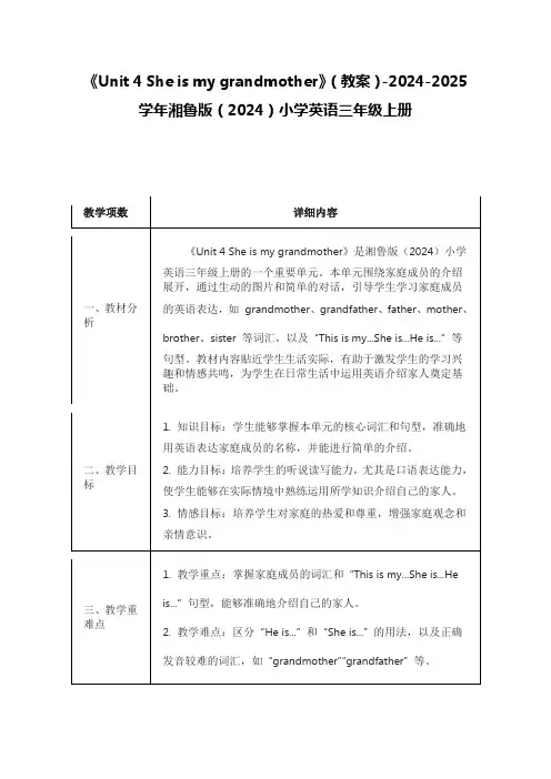 《Unit 4 She is my grandmother》(教案)湘鲁版(2024)英语三年级上册
