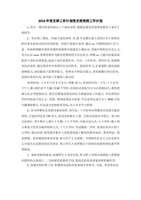 2019年党支部工作计划 党支部党校工作计划 精品