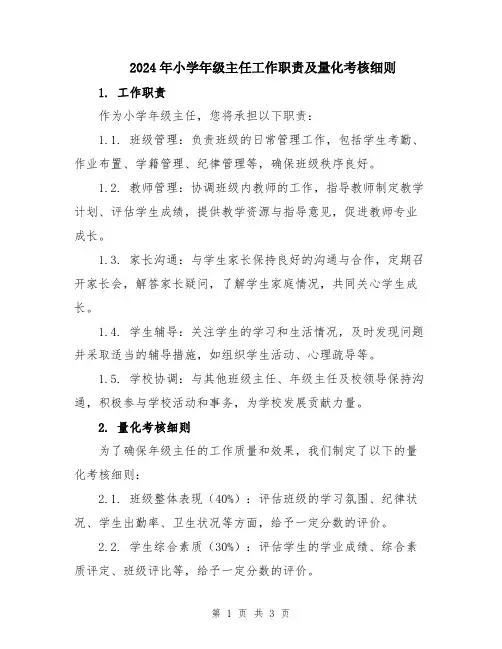 2024年小学年级主任工作职责及量化考核细则