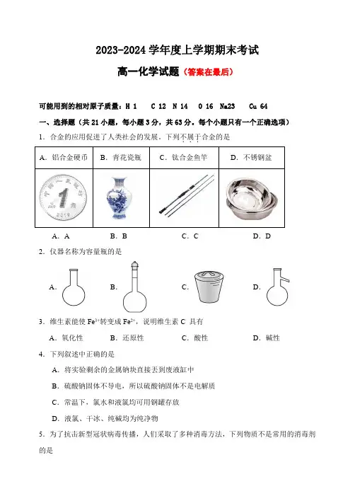河北省衡水市2023-2024学年高一上学期期末考试 化学含答案