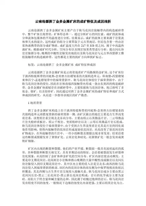 云南沧源拱丁金多金属矿床的成矿特征及成因浅析