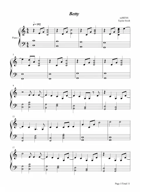 钢琴谱 Betty-Taylor Swift 五线谱_共11张(全)
