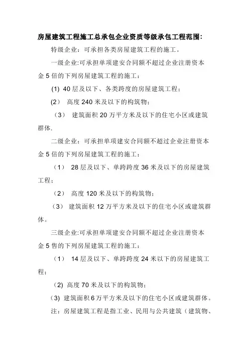 施工企业资质承包工程范围