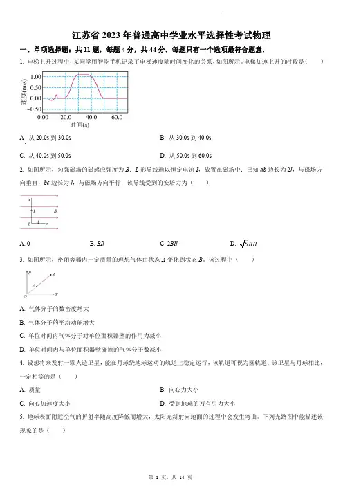 2023年高考江苏卷物理真题及答案