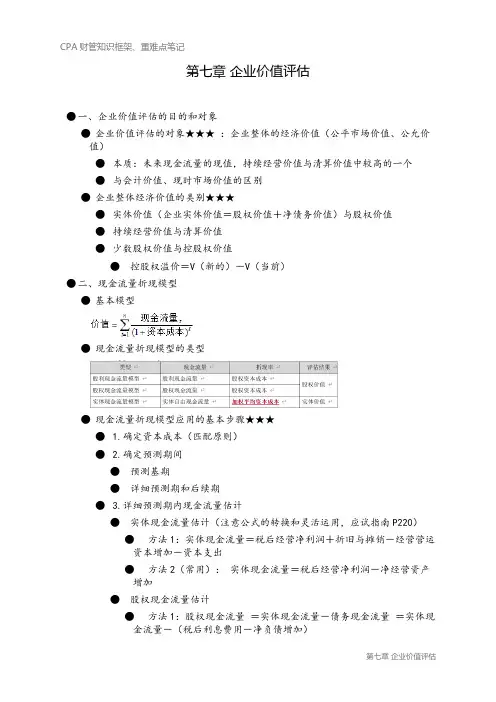CPA财务成本管理知识框架笔记之第七章-企业价值评估