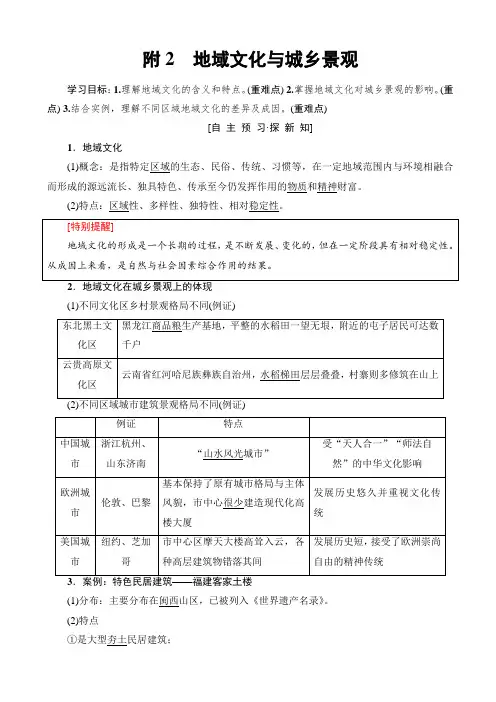 地理人教版高一必修二学案：第2章_附2_地域文化与城乡景观_word版有答案