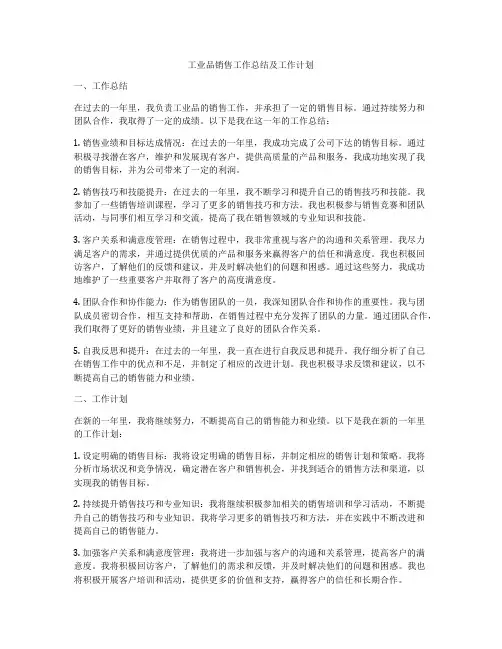 工业品销售工作总结及工作计划