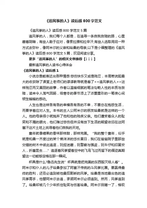 《追风筝的人》读后感800字范文5篇