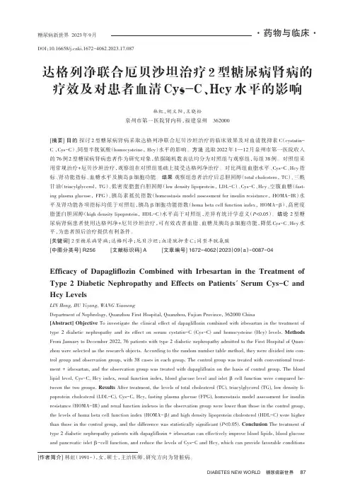 达格列净联合厄贝沙坦治疗2_型糖尿病肾病的疗效及对患者血清Cys-C、Hcy_水平的影响