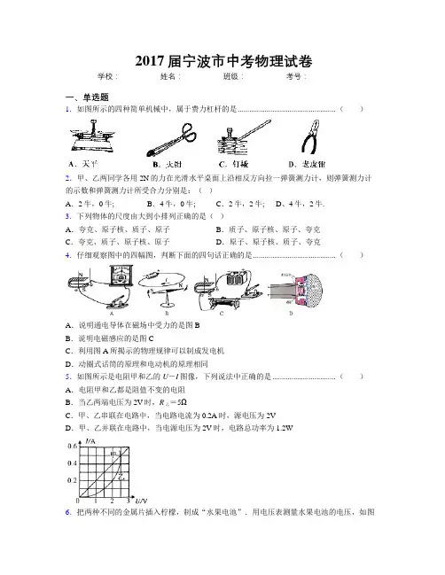 2017届宁波市中考物理试卷