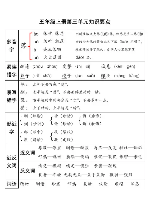 最新人教部编版小学五年级上册语文第三单元知识要点总结