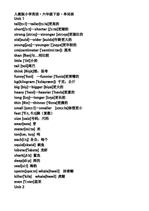 人教版pep小学英语六年级下册单词表