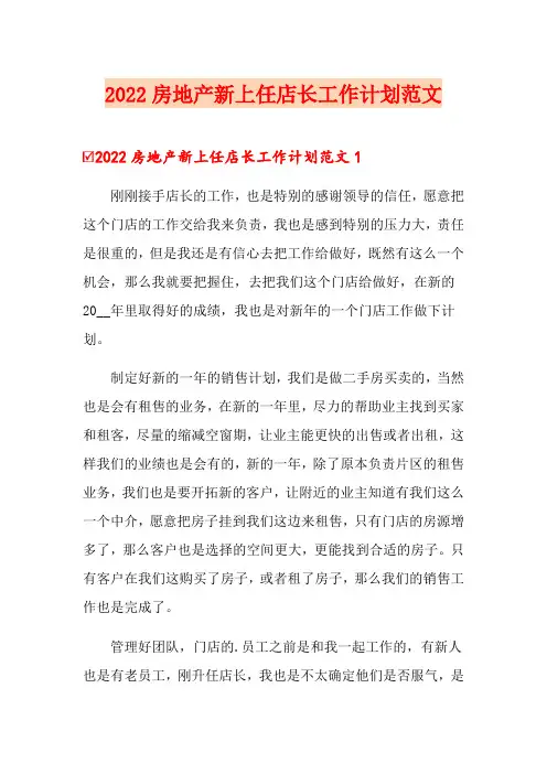 2022房地产新上任店长工作计划范文