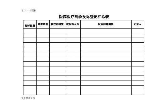 医院医疗纠纷投诉登记汇总表汇编