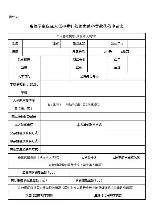 高校学生应征入伍学费补偿国家助学贷款代偿申请表