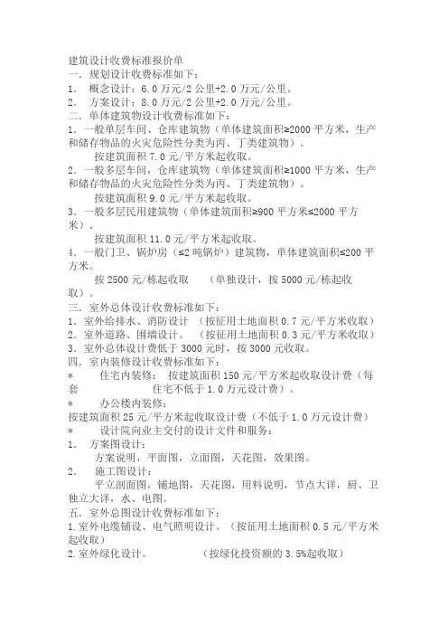建筑设计收费标准报价单