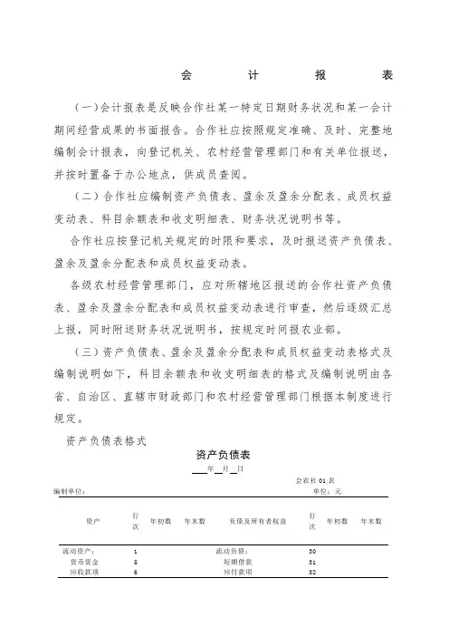 农民专业合作社财务会计报表