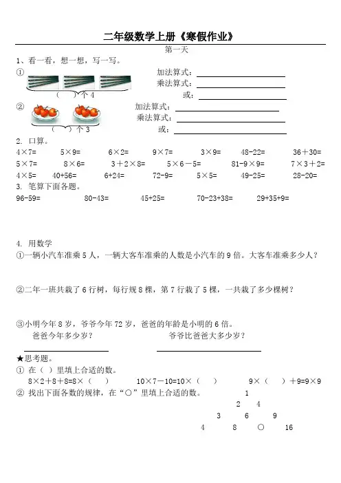 二年级数学上册《寒假作业》