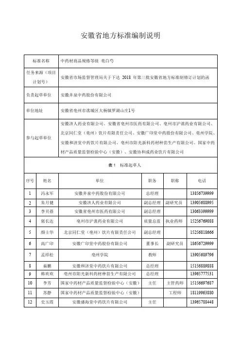 安徽省地方标准编制说明