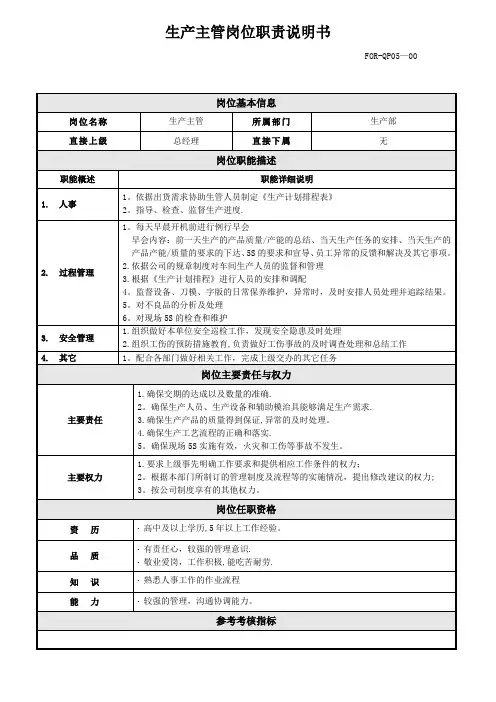 生产主管岗位说明书