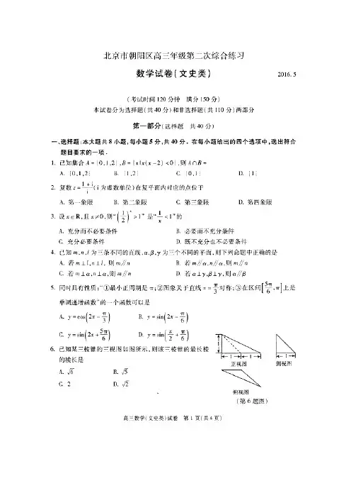北京市朝阳区2019届高三第二次(5月)综合数学文试题含答案