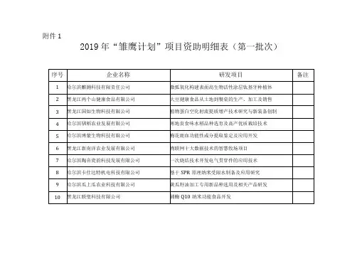 2019年雏鹰计划项目资助明细表第一批次