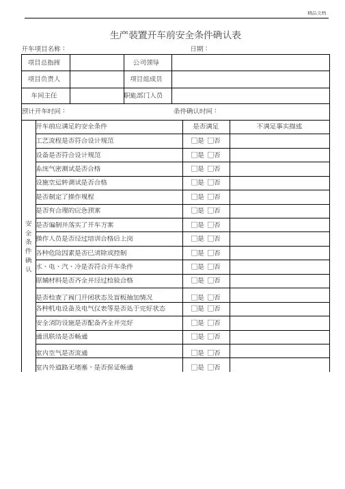 生产装置开车前安全条件确认表