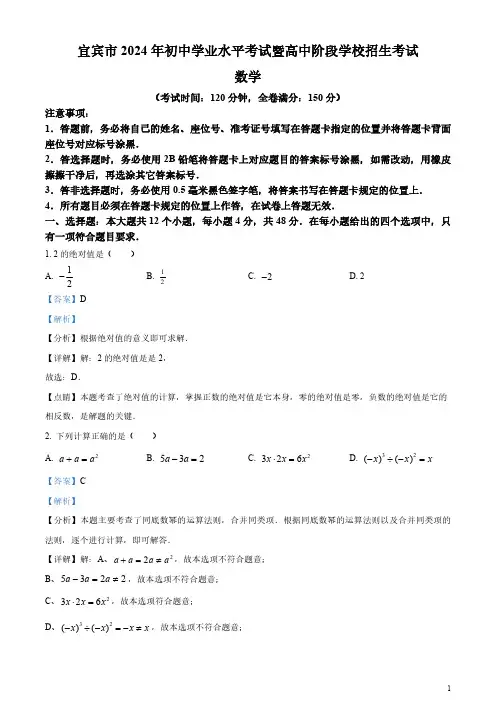 2024年四川省宜宾市中考数学试题(含答案)