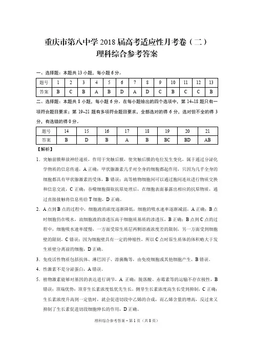 重庆市第八中学2018届高考适应性月考卷(二)理综-答案