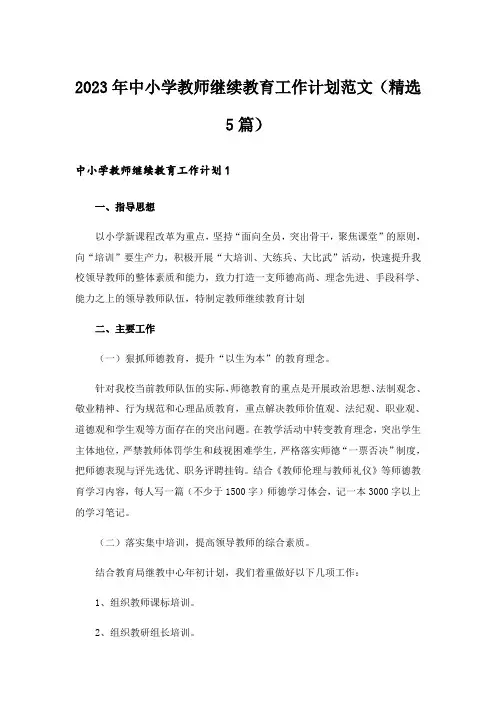 2023年中小学教师继续教育工作计划范文(精选5篇)