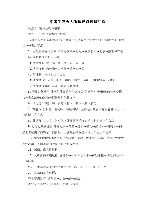 中考生物五大考试要点知识汇总