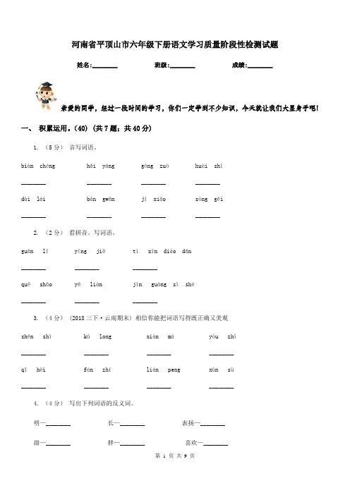 河南省平顶山市六年级下册语文学习质量阶段性检测试题