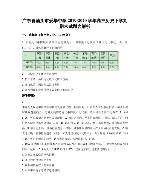 广东省汕头市爱华中学2019-2020学年高三历史下学期期末试题含解析