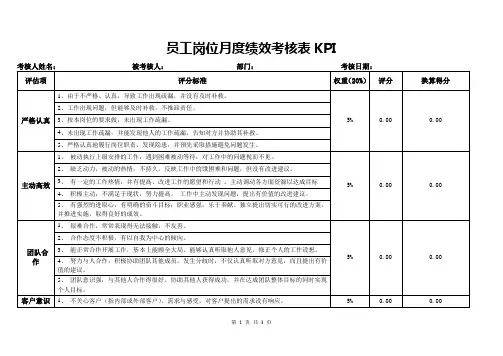 员工岗位月度绩效考核表KPI