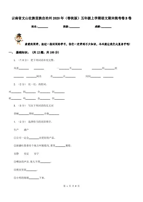云南省文山壮族苗族自治州2020年(春秋版)五年级上学期语文期末统考卷B卷