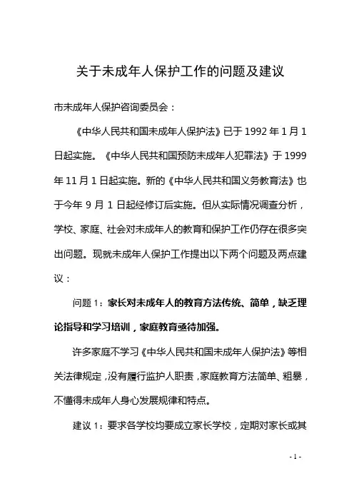 关于未成年人保护工作的问题及建议