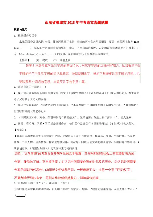 山东省聊城市2018年中考语文真题试题(含解析)
