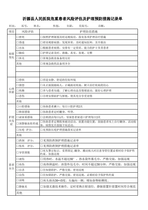 危重患者风险评估及护理预防措施记表