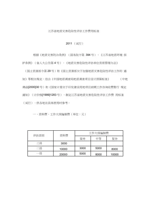 江苏省地质灾害危险性评估工作费用标准