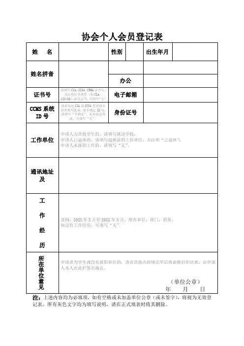 协会个人会员登记表