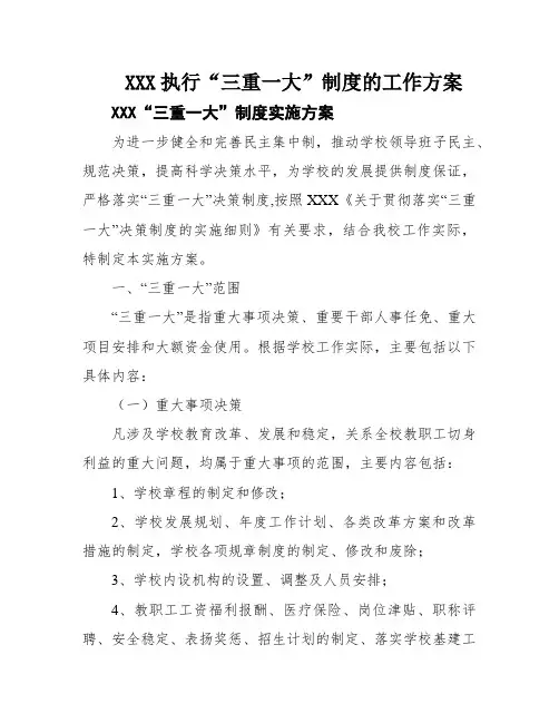 XXX执行“三重一大”制度的工作方案